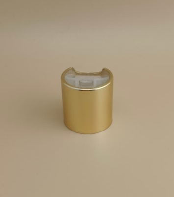 Złote aluminiowo-plastikowe okrągłe czapki gładkie z przejrzystym przyciskiem do butelek do pielęgnacji skóry