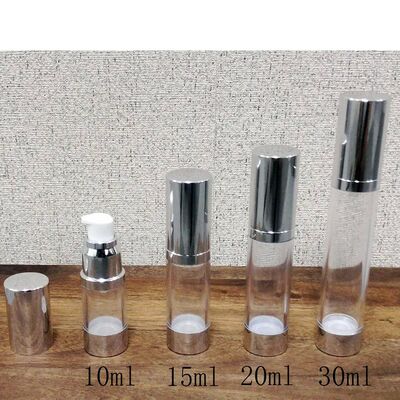 Cylindryczna butelka z pompą 10 ml 15 ml 20 ml 30 m ze srebrnym plastikowym PP bez powietrza z popularną butelką z pompą na płyny
