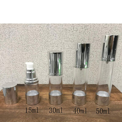 W magazynie Pusty 15ml 30ml 40ml 50ml Pompy śrubowe Pompy plastikowe bezpowietrzne Pompy płynu butelka Srebrna czapka do opakowań kosmetycznych