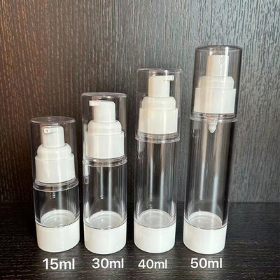 W magazynie Pusty 15ml 30ml 40ml 50ml Pompy śrubowe Pompy plastikowe bezpowietrzne Pompy płynu butelka Srebrna czapka do opakowań kosmetycznych